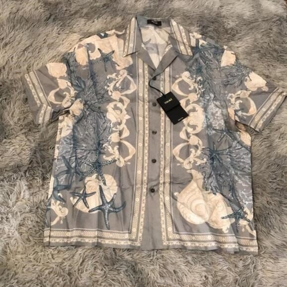 New Authentic Versace Gray and Blue Short Sleeve Shirt size 54 - Picture 8 of 14